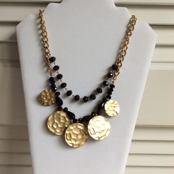 Statement Necklace w/Black Beads & Gold Circles. - Picture 7 of 7